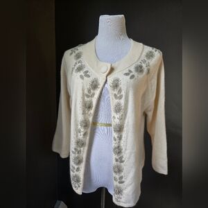 Beaded Lambswool Angora Cardigan – Ivory w/ Silver Floral Embellishment